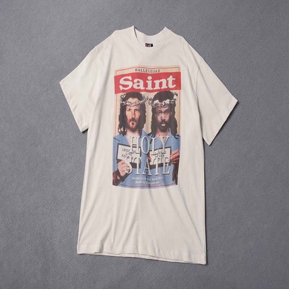 Vintage Portrait Print & Red Slogan Short Sleeve Cream - Picture 1 of 11